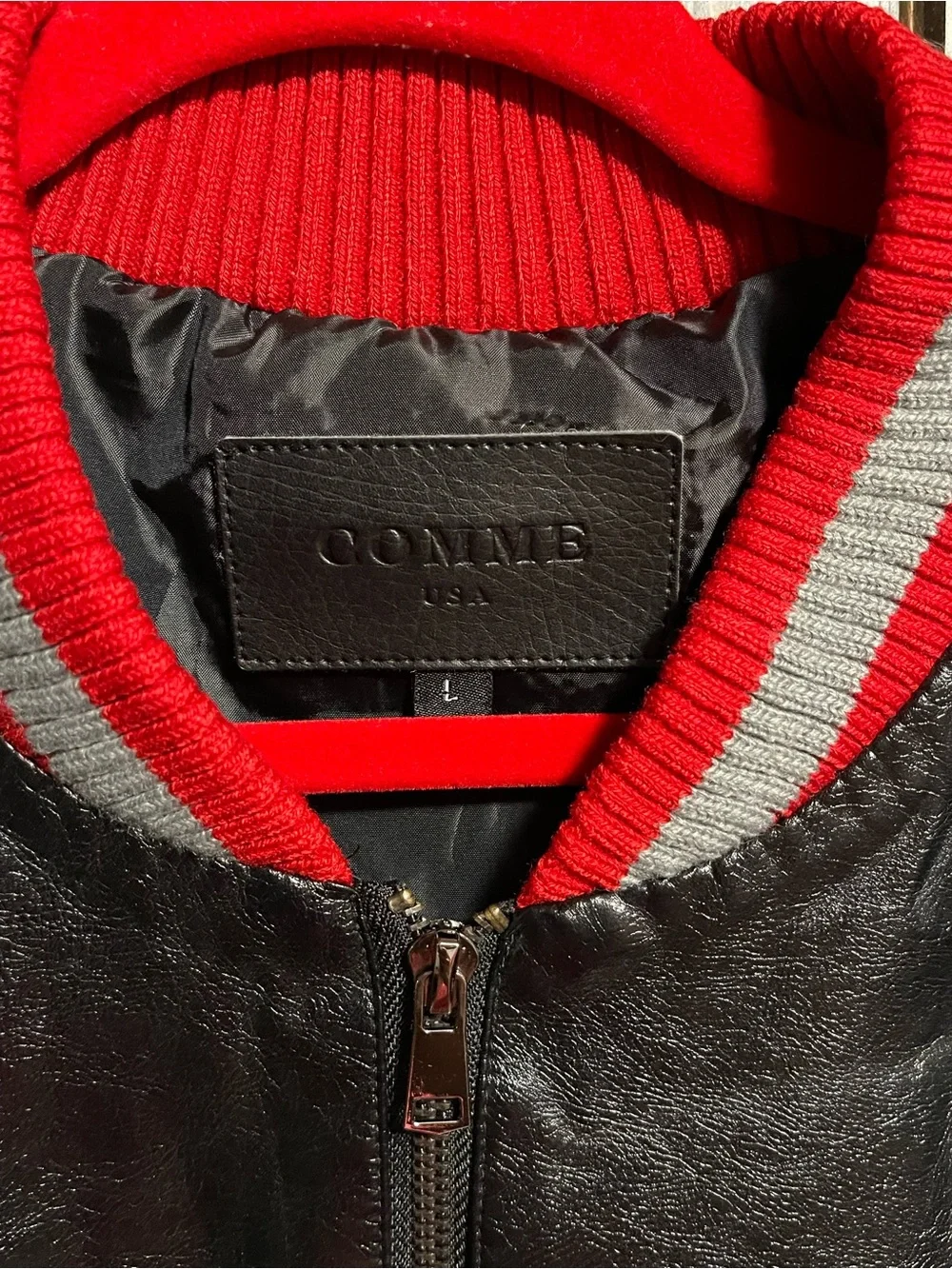 Kids Black Faux Leather Bomber Jacket with Red & Gray Trim